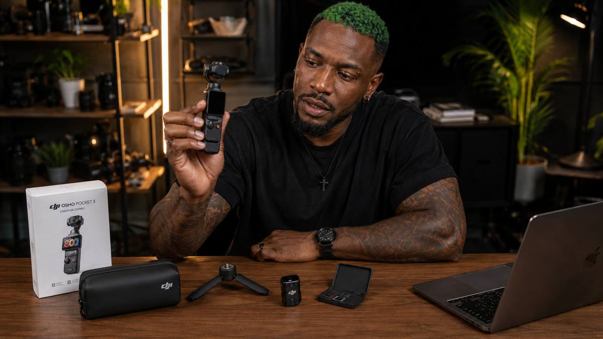 Kit DJI Osmo Pocket 3 déballé : boîtier, micro, trépied, étui de filtres ND