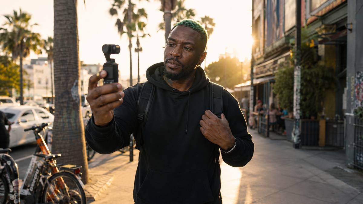Créateur qui filme en marchant dans la rue avec sa Pocket, sac à dos, lumière de fin de journée