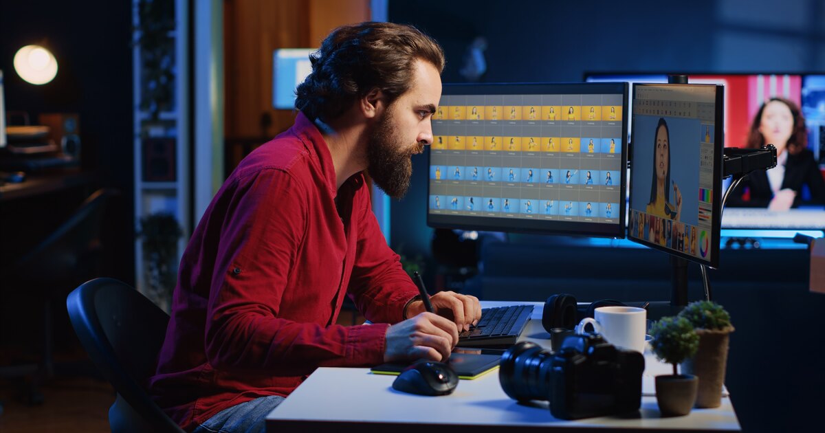 Créateur de contenu montant ses vidéos à sa station dans un studio, lumière cinématique