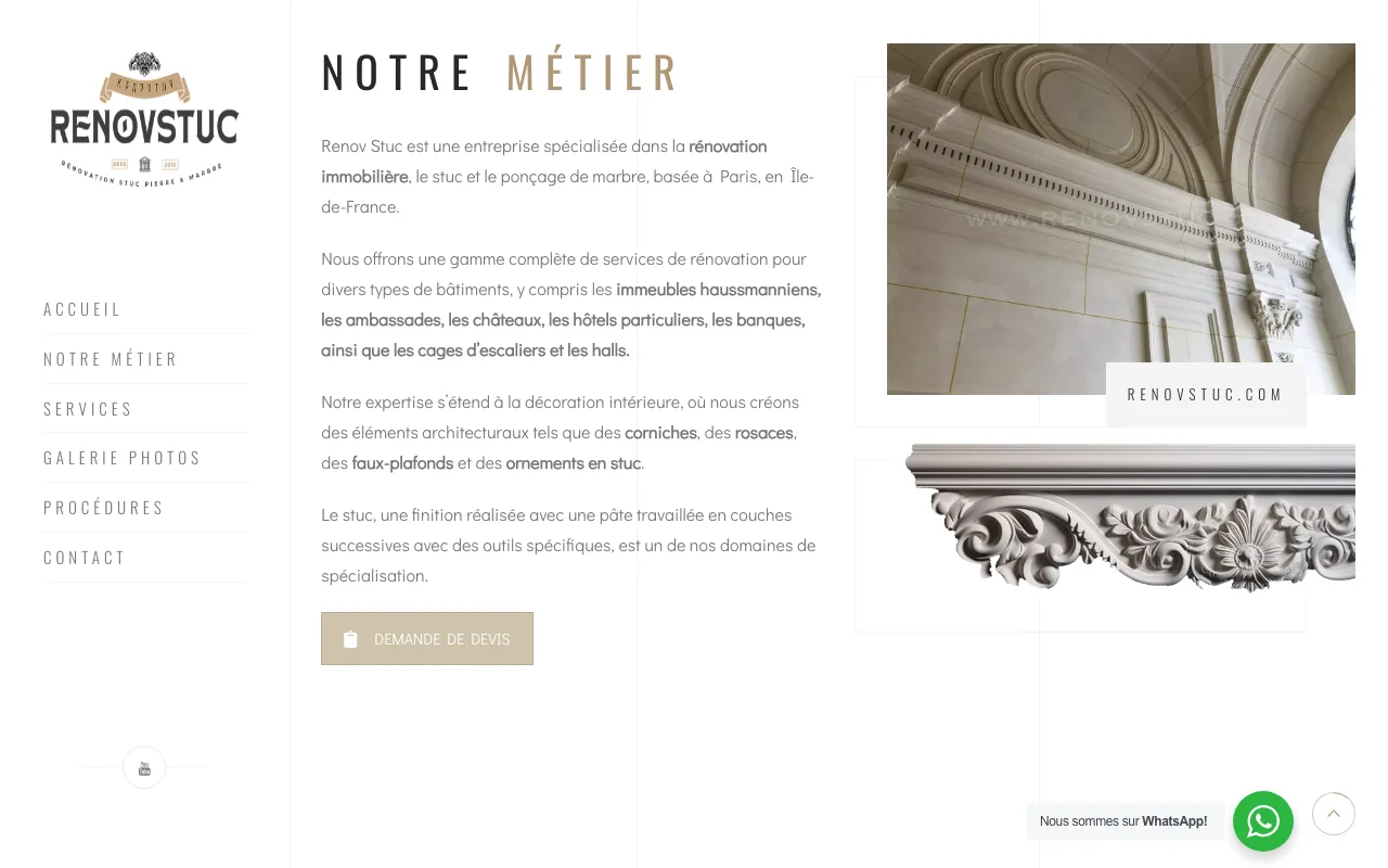 Page RenovStuc : présentation du métier et accès à la demande de devis