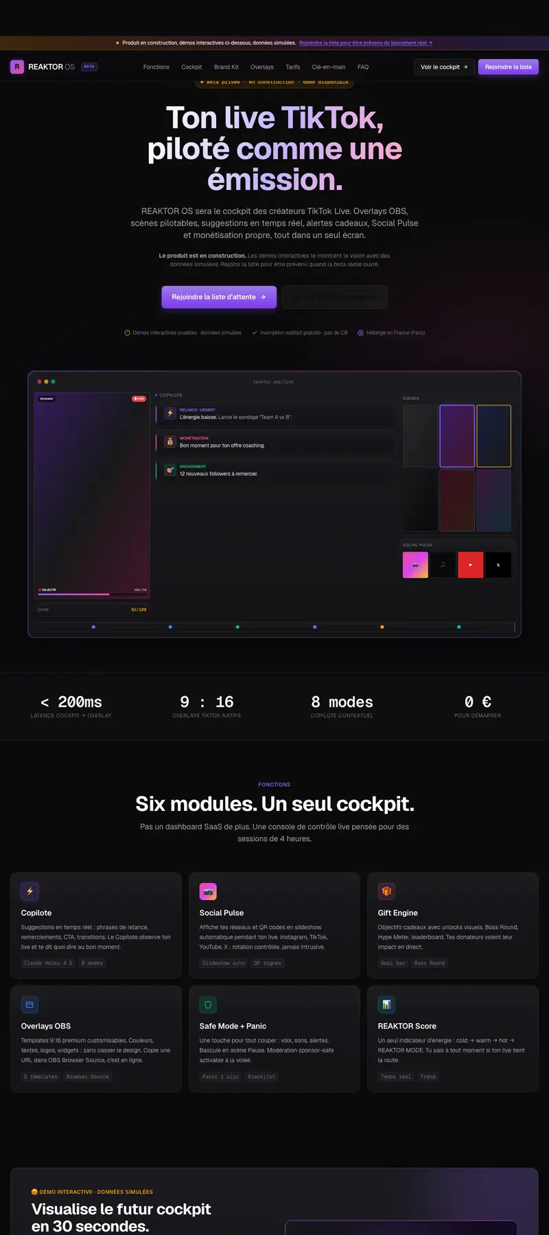 REAKTOR OS - Cockpit live, application web réalisé par Kreative Monster