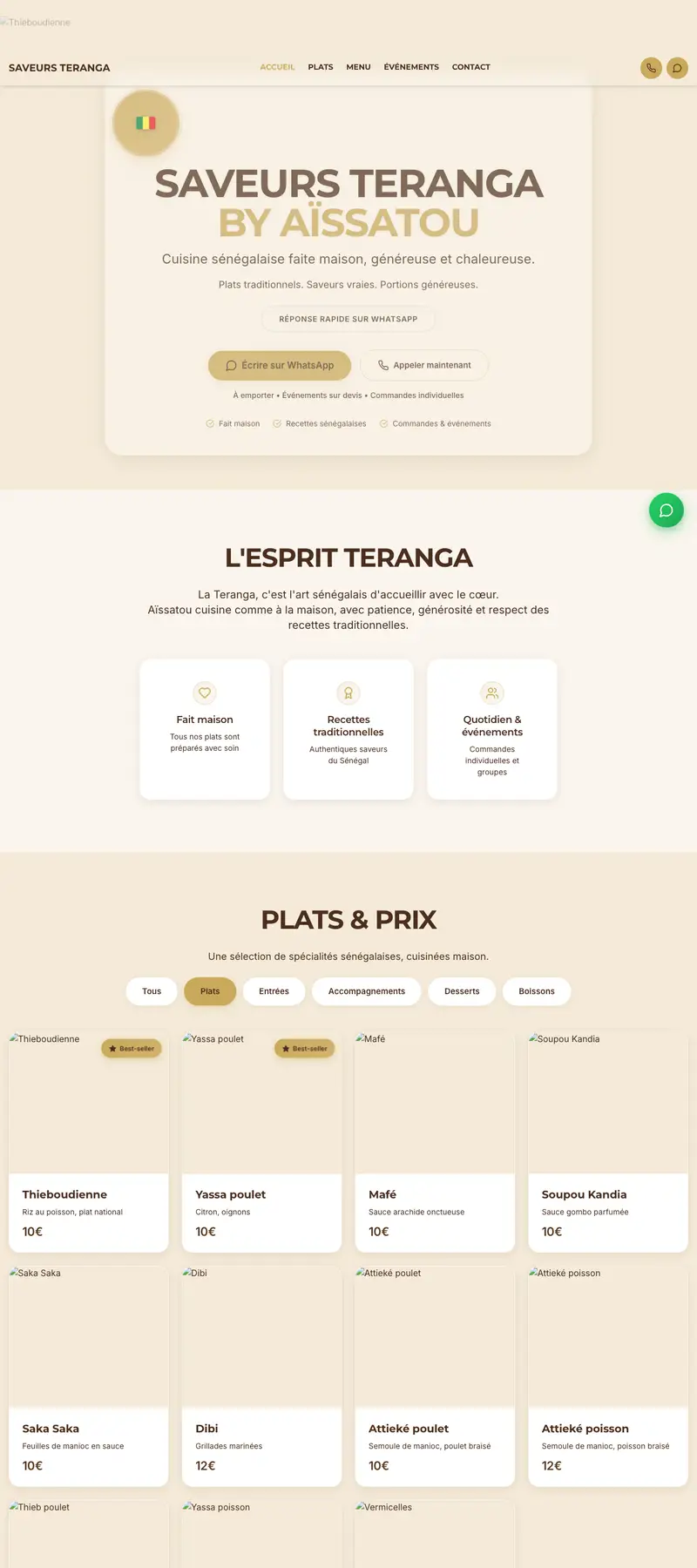 Saveurs Teranga - Restaurant, site vitrine + carte réalisé par Kreative Monster