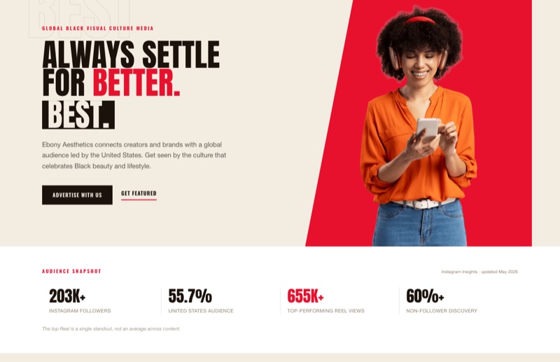 Ebony Aesthetics - Média, site média réalisé par Kreative Monster