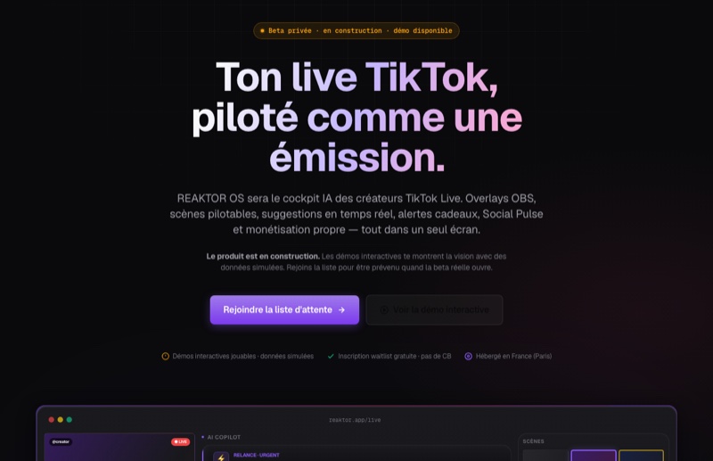 REAKTOR OS - Cockpit live, application web réalisé par Kreative Monster