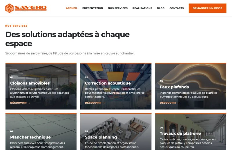 Saveho - Aménagement d'espaces de travail, site vitrine + blog réalisé par Kreative Monster