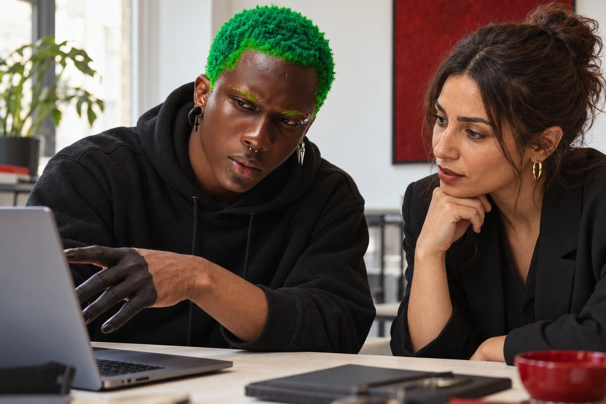 Steeve Aukingso en séance avec une cliente, il lui montre un point sur l'écran de l'ordinateur