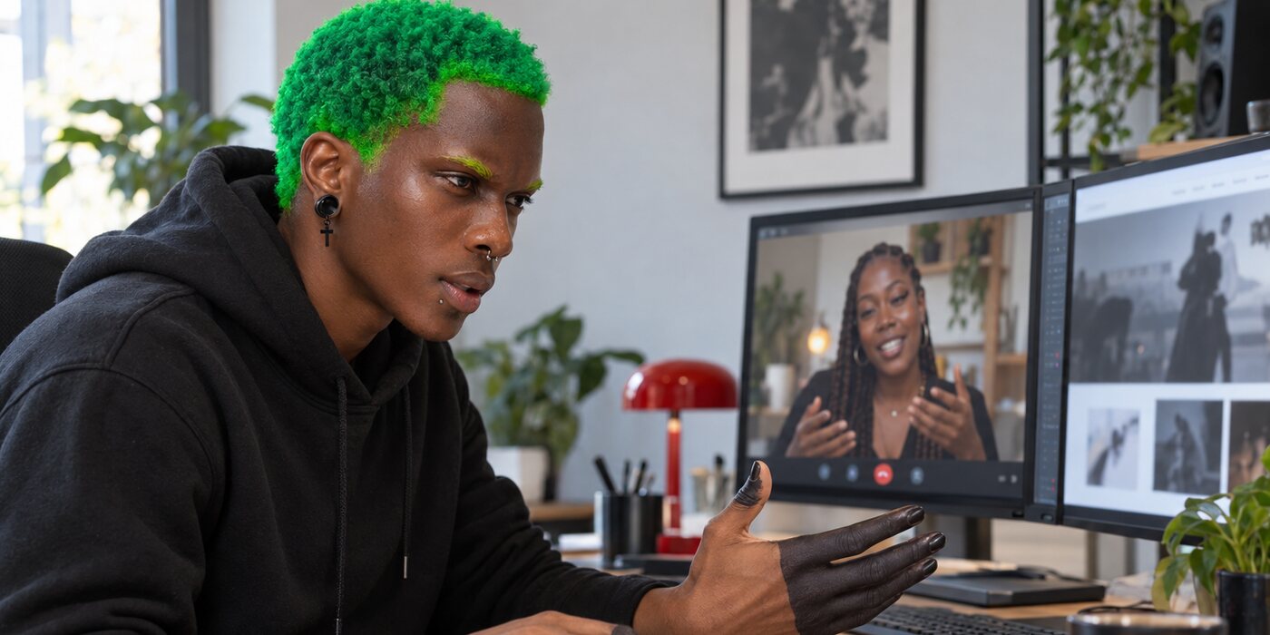 Steeve Aukingso en visio de suivi avec une cliente, son site ouvert sur l'écran voisin