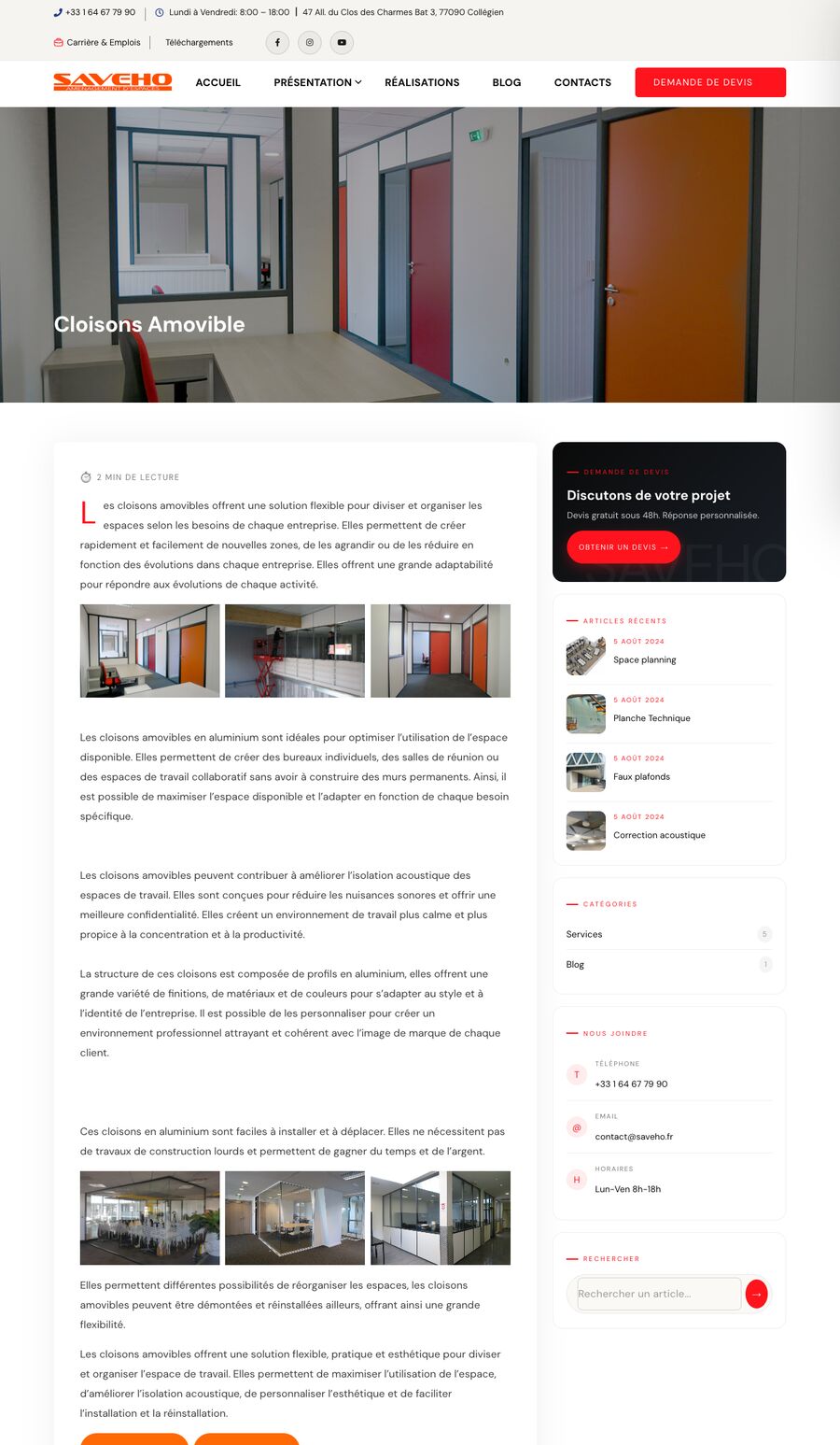 La page Cloisons amovibles du site Saveho, de l'en-tête jusqu'aux photos de chantier