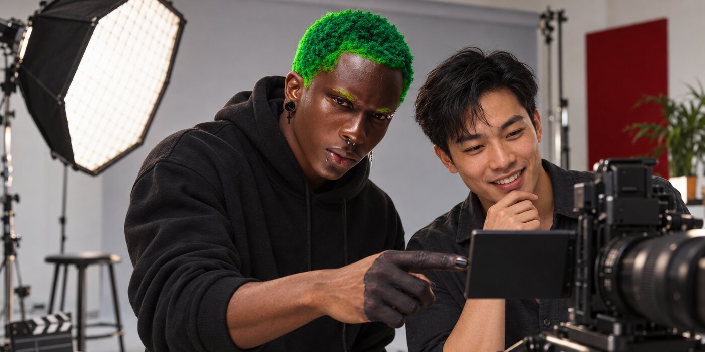 Steeve Aukingso sur un tournage, il montre le cadre au client sur l'écran de la caméra
